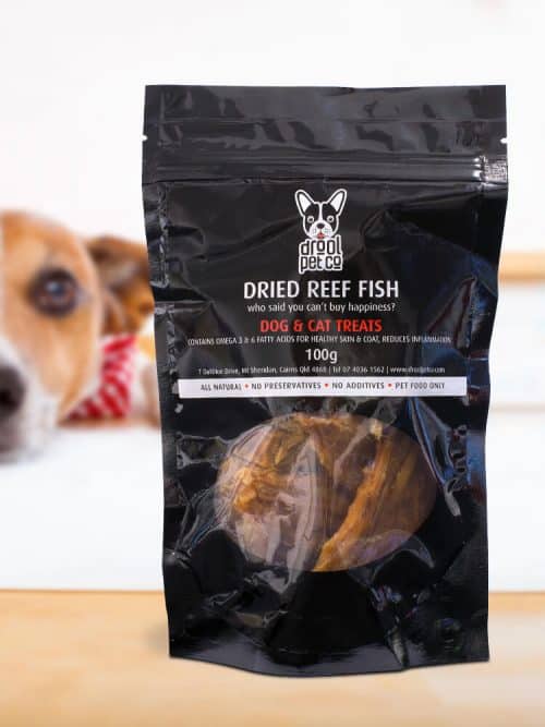 Photograph of a jack russell looking forward at a bag of Drool Pet Co. Dried fish dog treats 100g