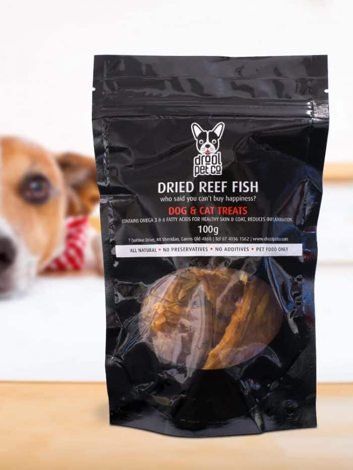 Photograph of a jack russell looking forward at a bag of Drool Pet Co. Dried reef fish for dogs 100g