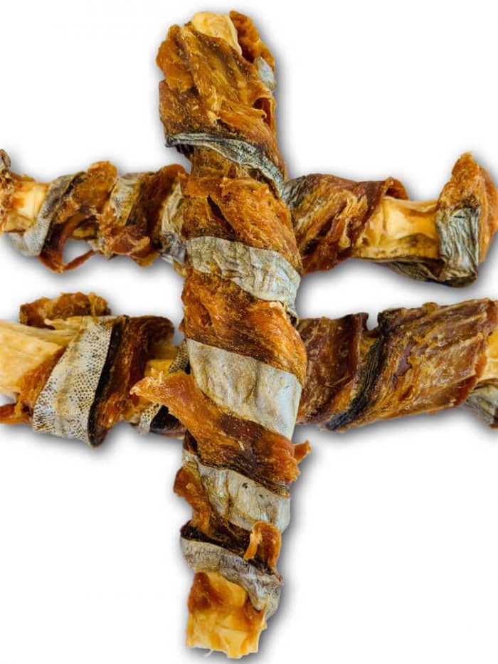 Drool Pet Co. photograph of 3 Fish Twisters dog treats stacked on top of each other