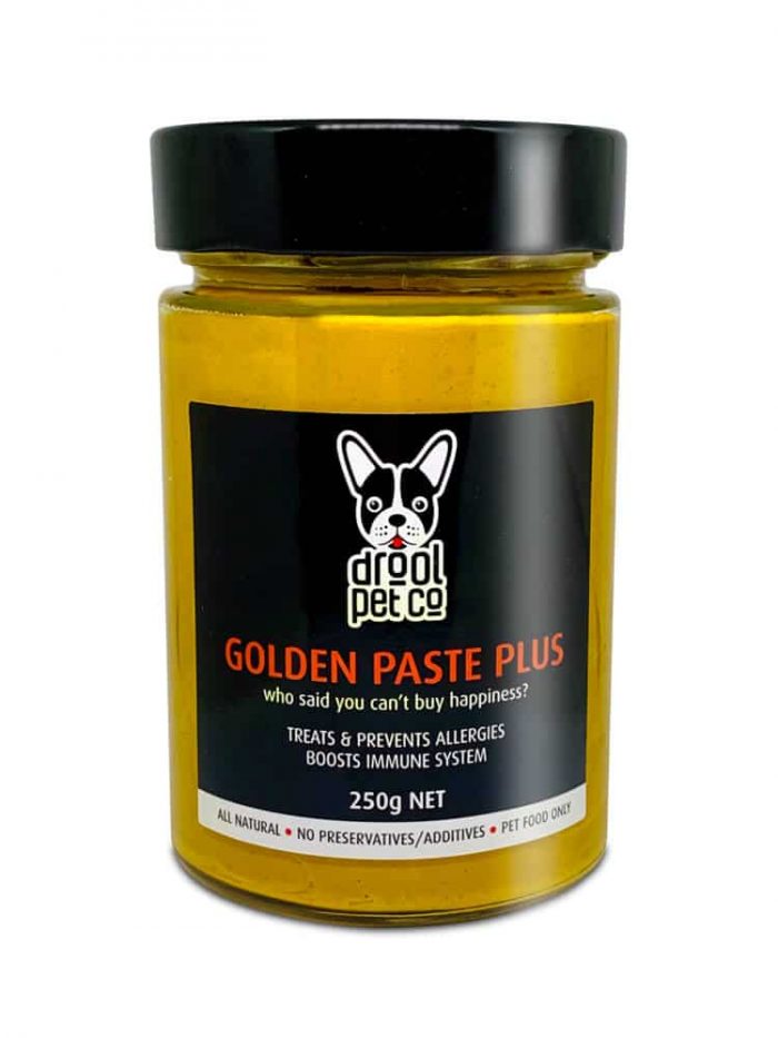 photograph of a jar with a black lid containing golden paste with a label on front with Drool Pet Co. Logo