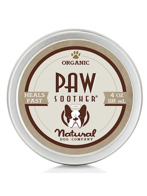Photograph of a small silver tin with organic paw soother 4oz balm