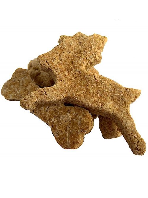 Photograph of a biscuit shaped like a dog bone and a biscuit shaped like a deer on top on each other on a white background