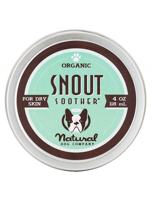 Photograph of a small silver tin with organic snout soother 4oz balm