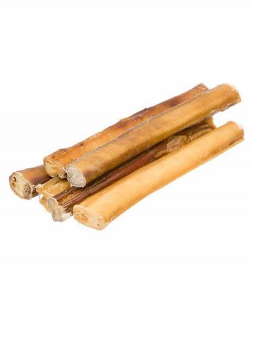 Photograph of five beef collagen sticks for dogs stacked on top of each other, on a white background.