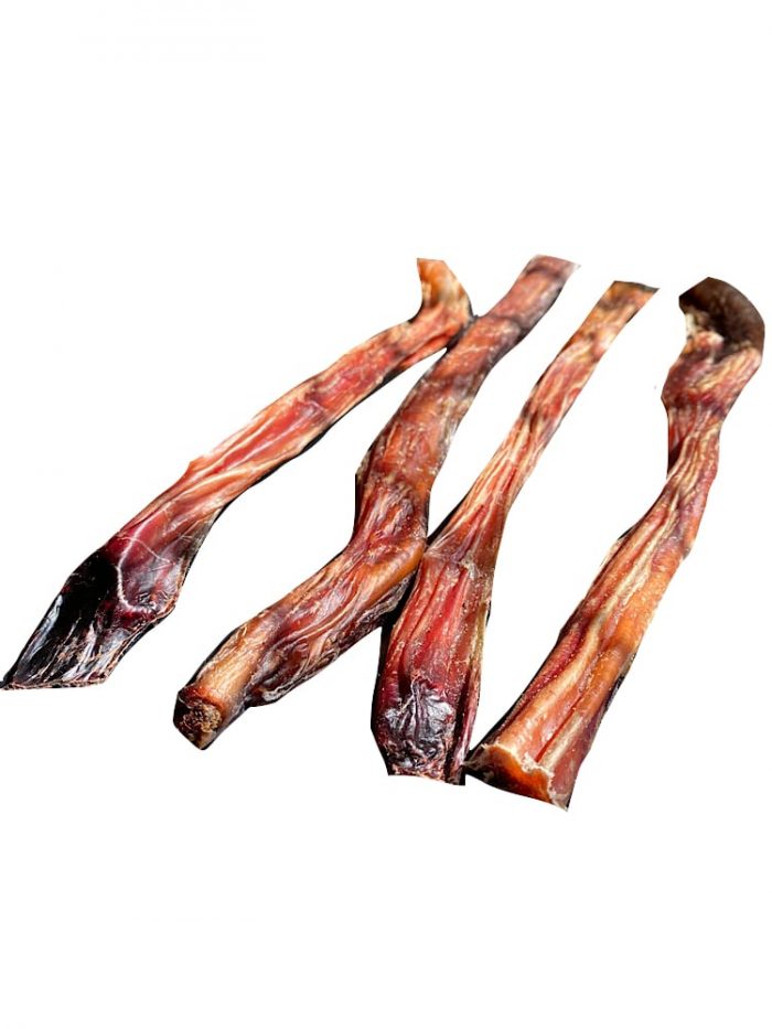 Photograph of four dehydrated bully sticks large standard 30cm next t to each other on a white background.