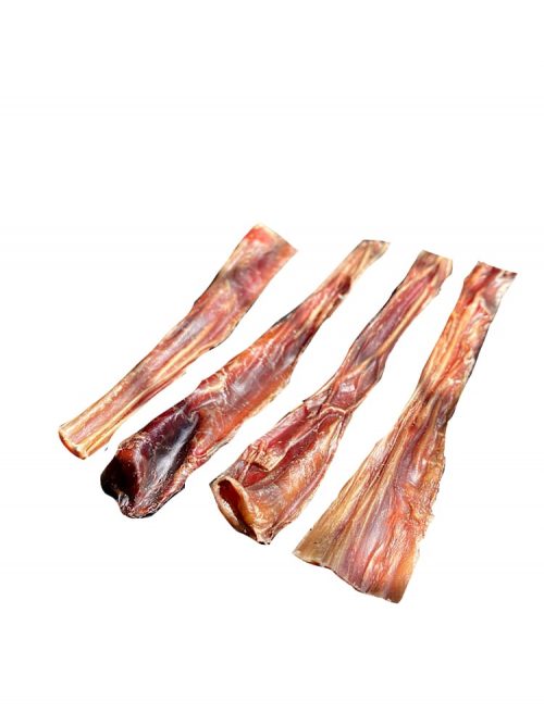 Photograph of four small bully sticks for dogs on top of each other, on a white background.