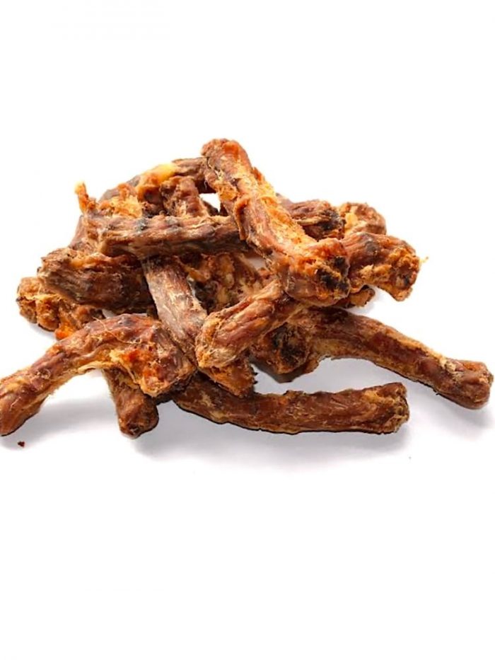Photograph of 10 dried Drool Pet Co. Chicken Necks on a white background.