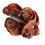Photograph of 5 pieces of Drool Pet Co. dehydrated pig snouts for dogs on a white background.