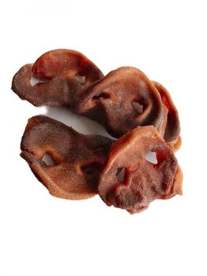 Photograph of 5 pieces of Drool Pet Co. dehydrated pig snouts for dogs on a white background.