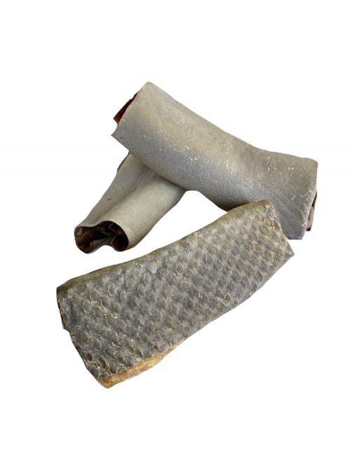 Photograph of a Drool Pet Co. dehydrated fish dental chews on a white background.